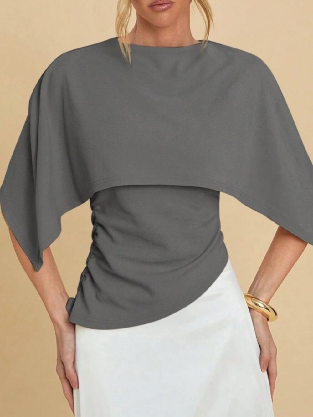 Charcoal Gray Draped Cape-Sleeve Top Ruched Side